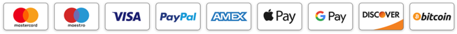 Visa, Mastercard, PayPal, Apple Pay, Google Pay, Bitcoin